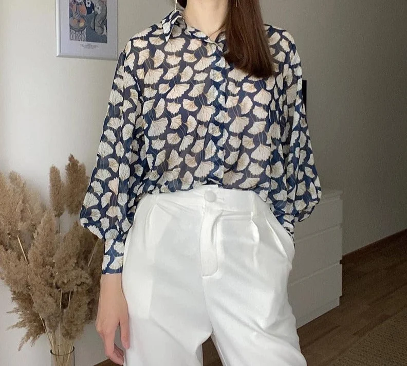 Autumn Blouse Women England Style Cozy Fashion Elegant Leaf Printing Loose Silk Loose Blusas Mujer De Moda Shirt Tops Casual Button-Down Short Shirt Autumn Blouse Women England Style Cozy Fashion Elegant Leaf Printing Loose Silk Loose Blusas Mujer De Moda Shirt Tops Casual Button-Down Short Shirt