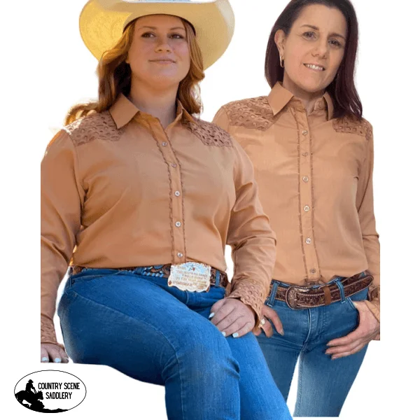 L1461- Jess Ladies Tan Western Shirt with Broderie Contrast Modern Casual Short Sleeve L1461- Jess Ladies Tan Western Shirt with Broderie Contrast Modern Casual Short Sleeve