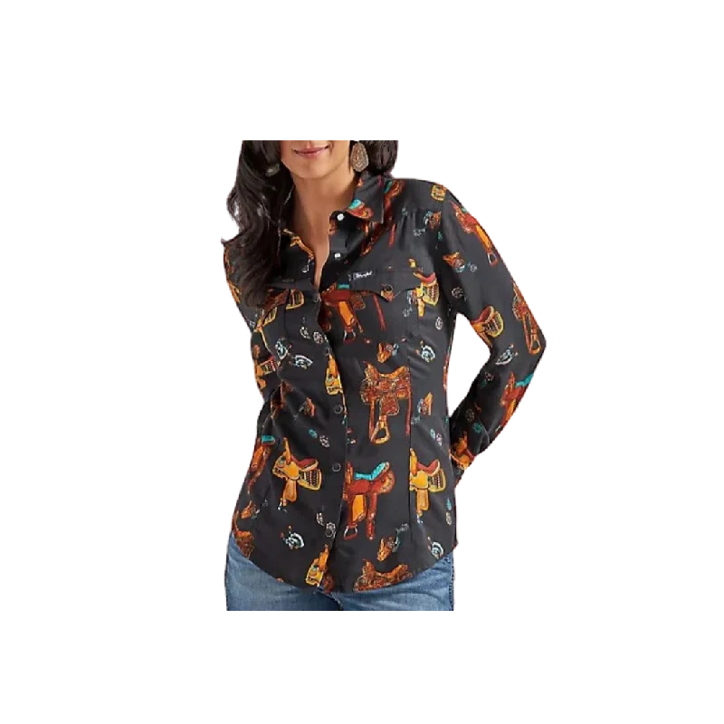 Wrangler Women's Saddle Up Button Up Black Shirt Trendy Floral Print Tee