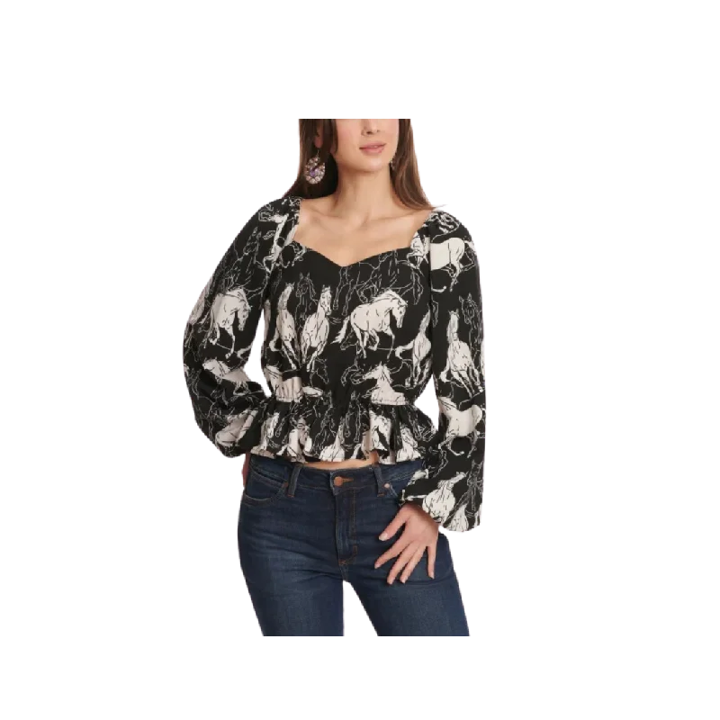 Wrangler Women's Retro Horse Print Peplum Top Black White Shirt Cozy Plain Short Sleeve Wrangler Women's Retro Horse Print Peplum Top Black White Shirt Cozy Plain Short Sleeve