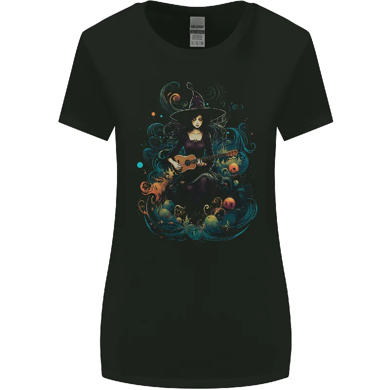 A Witch Playing a Guitar Halloween Fantasy Womens Wider Cut T-Shirt Collared Crew Neck Turtle Neck A Witch Playing a Guitar Halloween Fantasy Womens Wider Cut T-Shirt Collared Crew Neck Turtle Neck