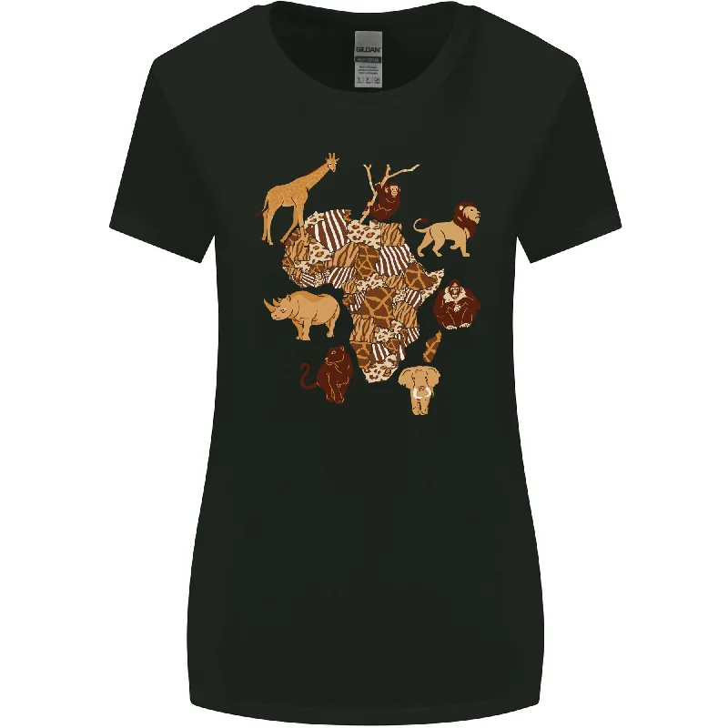 Africa Wildlife Map Giraffe Rhino Ape Elephant Lion Womens Wider Cut T-Shirt Hooded Caped Shawl Collar Africa Wildlife Map Giraffe Rhino Ape Elephant Lion Womens Wider Cut T-Shirt Hooded Caped Shawl Collar