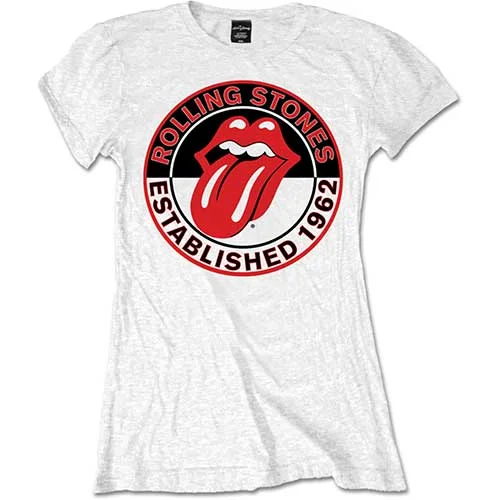 The Rolling Stones Ladies T-Shirt: Est. 1962 Denim Fabric Leather Fabric Suede Fabric The Rolling Stones Ladies T-Shirt: Est. 1962 Denim Fabric Leather Fabric Suede Fabric
