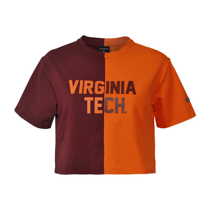 Virginia Tech Women's Brandy Crop T-shirt: Maroon and Orange Mesh Blend Leather Blend Suede Blend Virginia Tech Women's Brandy Crop T-shirt: Maroon and Orange Mesh Blend Leather Blend Suede Blend
