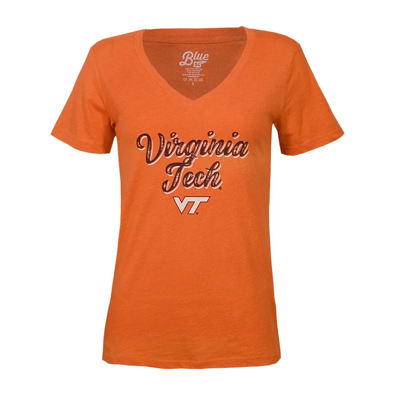 Virginia Tech Women's Script V-Neck T-Shirt: Orange Welt Pockets Slit Pockets Flap Pockets Virginia Tech Women's Script V-Neck T-Shirt: Orange Welt Pockets Slit Pockets Flap Pockets
