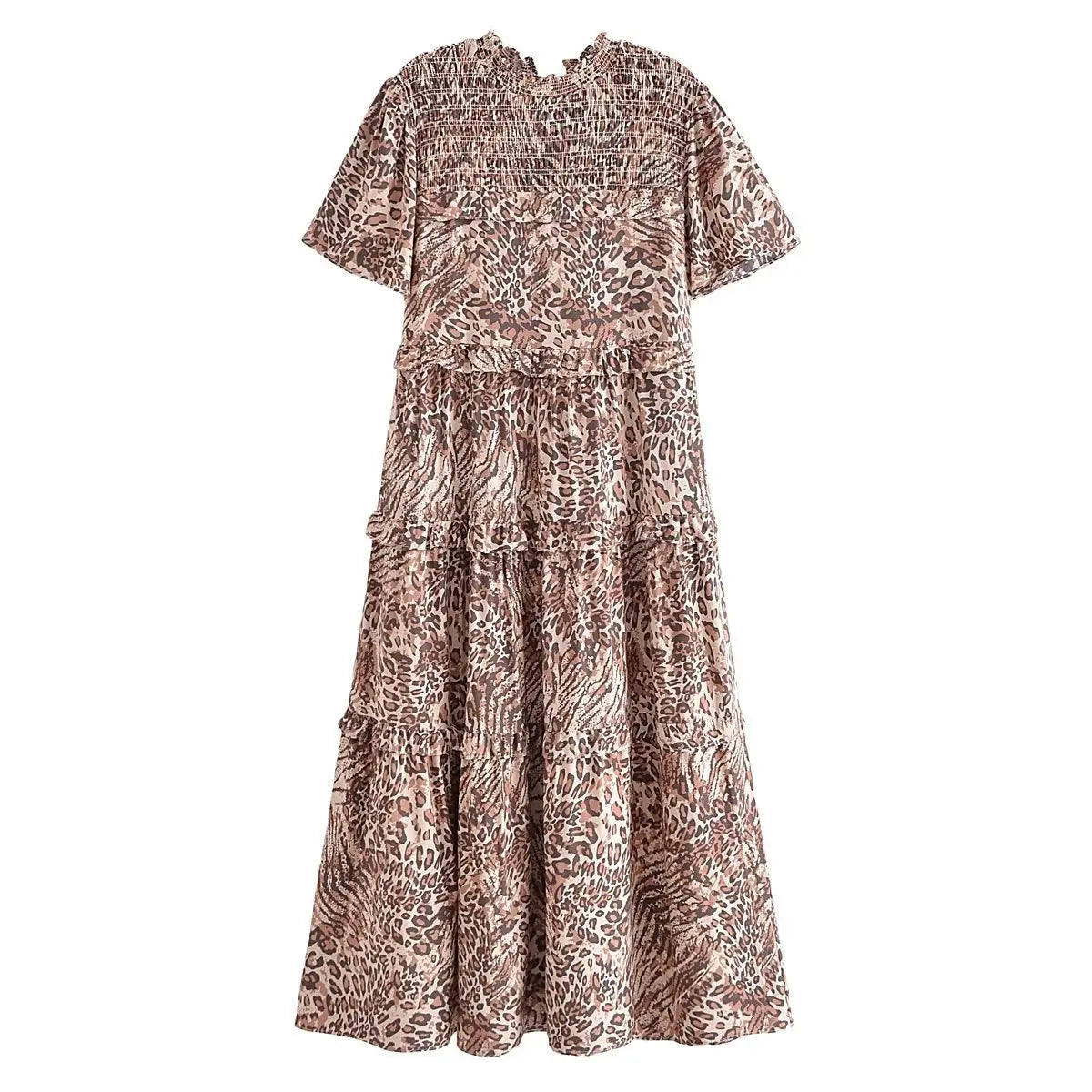 Leopard Dreams Boho Midi Dress Trendy Ruffled Sleeve Midi Dress
