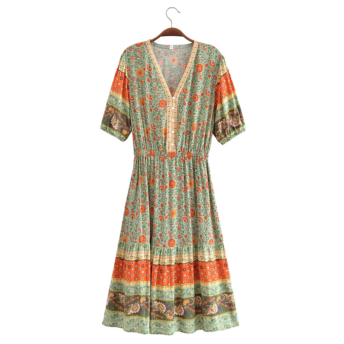 Green Whimsy Boho Floral Print Midi Dress Trendy Ruched Side Midi Dress