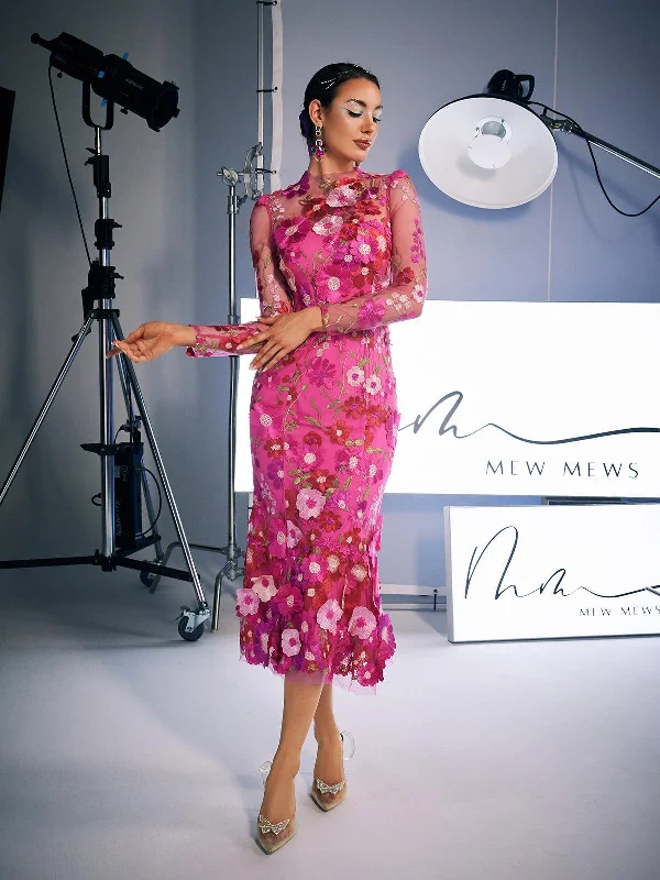 Amara Long Sleeve Embroidered Midi Dress In Hot Pink Trendy Ruffled Sleeve Midi Dress Amara Long Sleeve Embroidered Midi Dress In Hot Pink Trendy Ruffled Sleeve Midi Dress