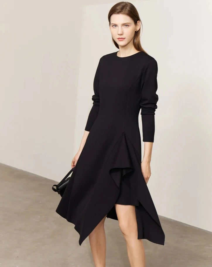 Elegant Asymmetrical Midi Dress Trendy Mock Neck Midi Dress