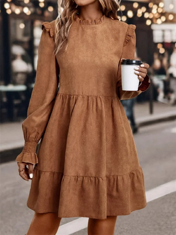 Blue Zone Planet | Frill Round Neck Long Sleeve Mini Dress Comfortable Boho Mini Dress Blue Zone Planet | Frill Round Neck Long Sleeve Mini Dress Comfortable Boho Mini Dress
