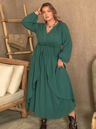Blue Zone Planet | Plus Size Notched Layered Balloon Sleeve Midi Dress Comfortable Empire Waist Midi Dress Blue Zone Planet | Plus Size Notched Layered Balloon Sleeve Midi Dress Comfortable Empire Waist Midi Dress