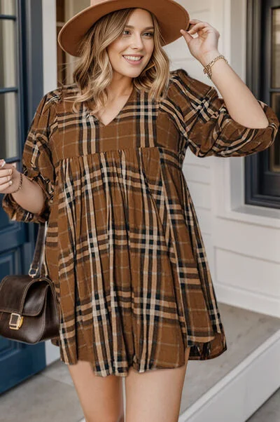 Blue Zone Planet | Plus Size Plaid V-Neck Balloon Sleeve Mini Dress Cozy Satin Mini Dress Blue Zone Planet | Plus Size Plaid V-Neck Balloon Sleeve Mini Dress Cozy Satin Mini Dress