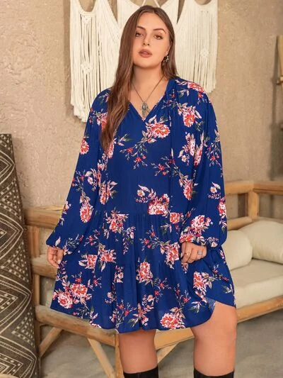 Blue Zone Planet | Plus Size Printed Tie Neck Balloon Sleeve Mini Dress Trendy A-Line Mini Dress Blue Zone Planet | Plus Size Printed Tie Neck Balloon Sleeve Mini Dress Trendy A-Line Mini Dress