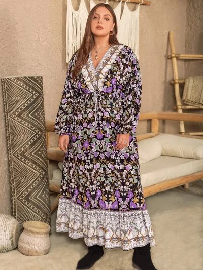 Blue Zone Planet | Plus Size V-Neck Balloon Sleeve Printed Midi Dress Fashionable Skater Midi Dress Blue Zone Planet | Plus Size V-Neck Balloon Sleeve Printed Midi Dress Fashionable Skater Midi Dress