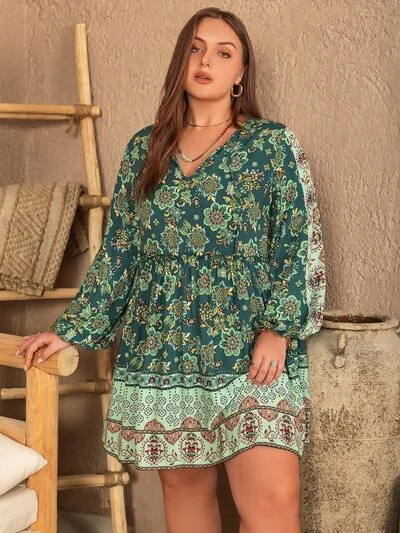 Blue Zone Planet | Plus Size V-Neck Balloon Sleeve Printed Mini Dress Comfortable Casual Mini Dress Blue Zone Planet | Plus Size V-Neck Balloon Sleeve Printed Mini Dress Comfortable Casual Mini Dress