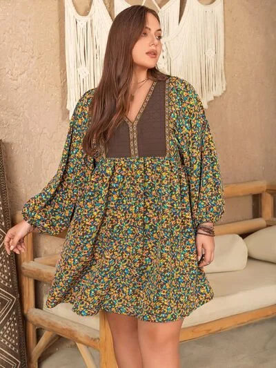 Blue Zone Planet | Plus Size V-Neck Balloon Sleeve Printed Mini Dress Comfortable Boho Mini Dress Blue Zone Planet | Plus Size V-Neck Balloon Sleeve Printed Mini Dress Comfortable Boho Mini Dress