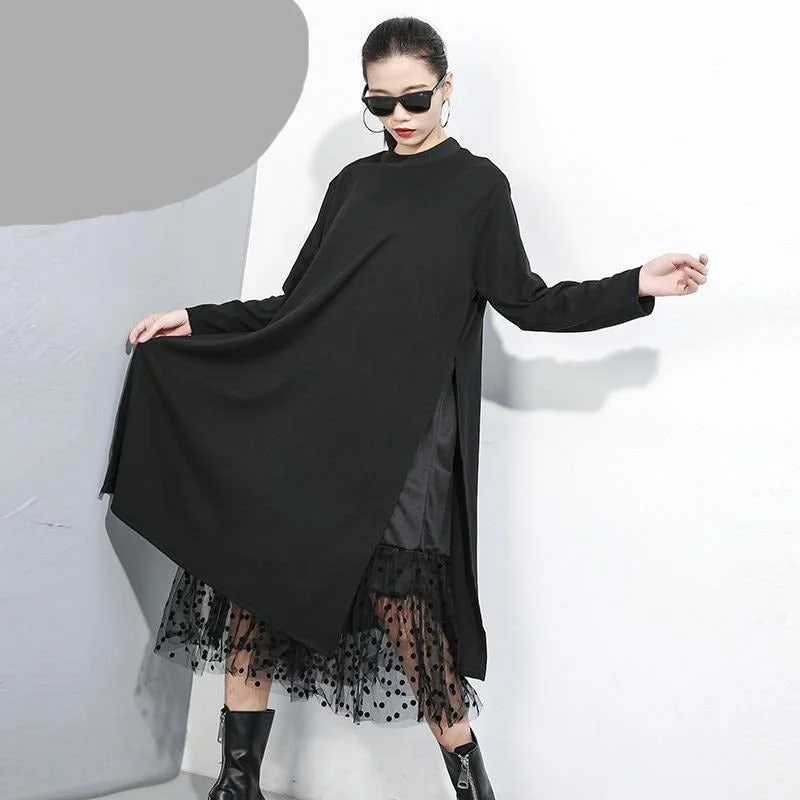 Black Net Dot Joint Split Dress | Mesh Midi Dress | Black Midi Stylish Tiered Midi Dress Black Net Dot Joint Split Dress | Mesh Midi Dress | Black Midi Stylish Tiered Midi Dress