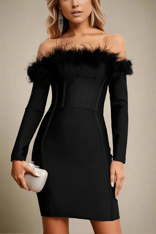 Erin Long Sleeve Off Shoulder Bodycon Mini Dress - Classic Black Comfortable Fit-and-Flare Mini Dress Erin Long Sleeve Off Shoulder Bodycon Mini Dress - Classic Black Comfortable Fit-and-Flare Mini Dress