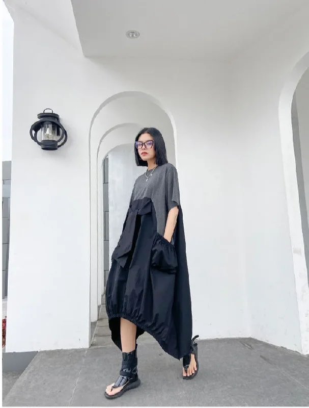 Irregular Pleated Front Tie Midi Dress | Oversized Midi Dress | Colorblock Dress Fashionable High-Low Midi Dress Irregular Pleated Front Tie Midi Dress | Oversized Midi Dress | Colorblock Dress Fashionable High-Low Midi Dress