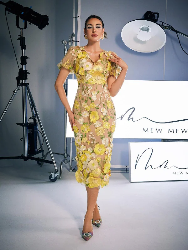 Grayson Flower Embroidered Midi Dress In Yellow Comfortable Wrap Midi Dress