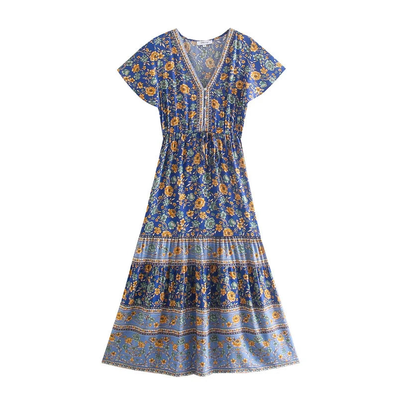 Sapphire Meadow Boho Floral Print Midi Dress Comfortable Adjustable Strap Midi Dress Sapphire Meadow Boho Floral Print Midi Dress Comfortable Adjustable Strap Midi Dress