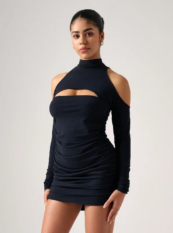 Helen High Neck Cut Out Mini Dress in Black Stylish Short Sleeve Mini Dress