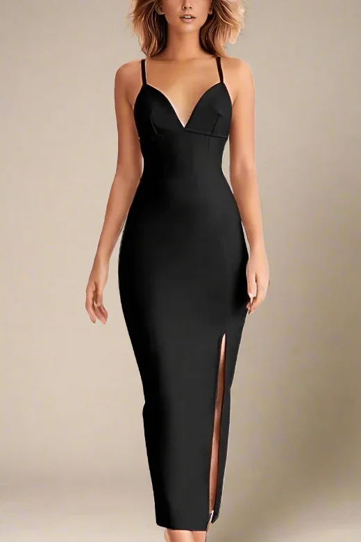 Milan Bandage Midi Dress - Classic Black Stylish Halter Neck Midi Dress