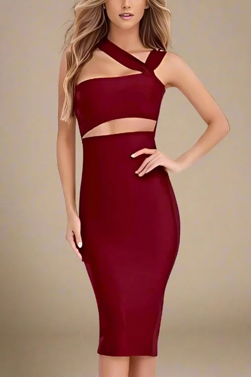 Molly Bandage Midi Dress - Red Wine Trendy Ruffled Sleeve Midi Dress