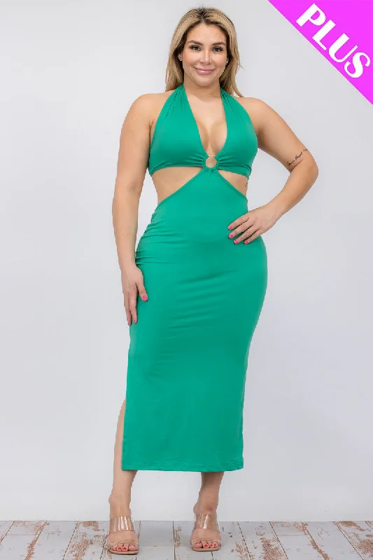 Curvy Halter Neck Double Tie Back Cut-out Split Thigh Midi Dress Fashionable Shift Midi Dress Curvy Halter Neck Double Tie Back Cut-out Split Thigh Midi Dress Fashionable Shift Midi Dress