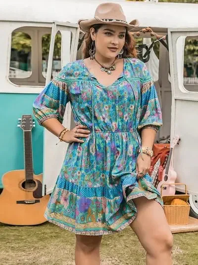 Blue Zone Planet | Plus Size Printed Tie Neck Mini Dress Casual Mini Dress with Pockets Blue Zone Planet | Plus Size Printed Tie Neck Mini Dress Casual Mini Dress with Pockets