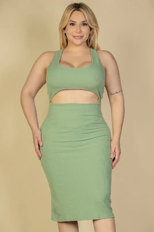 Bodycon Midi Dress in Plus Size Ribbed Fabric with Cutout Front and Crisscross Back Cozy Knit Midi Dress Bodycon Midi Dress in Plus Size Ribbed Fabric with Cutout Front and Crisscross Back Cozy Knit Midi Dress