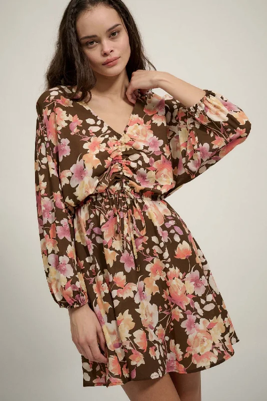 Sunset Garden Floral Ruched Drawstring Mini Dress Elegant Tulle Mini Dress