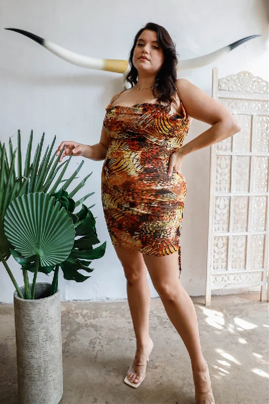 Plus Brown Fall Colors Pattern Drawstring Ruched Slip Mini Dress Comfortable Wrap Mini Dress Plus Brown Fall Colors Pattern Drawstring Ruched Slip Mini Dress Comfortable Wrap Mini Dress