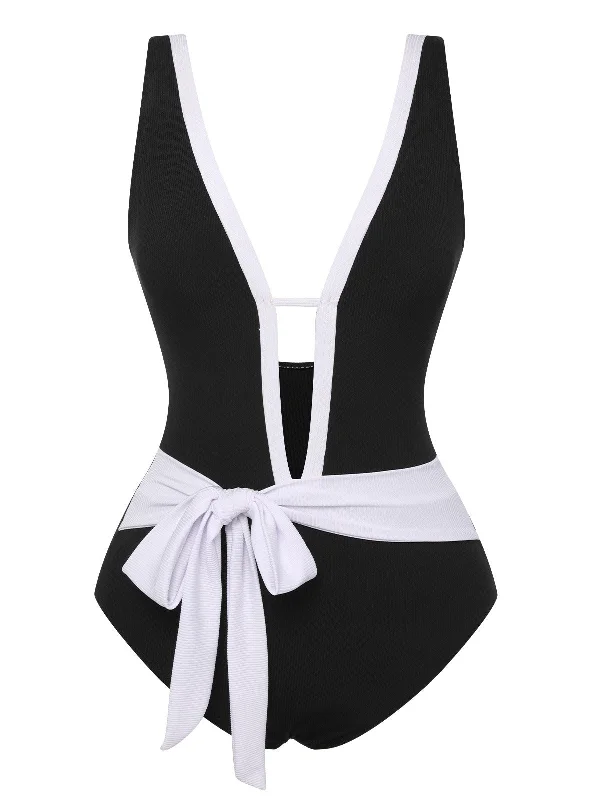 Black 1950s Deep V-Neck Waist Tie Swimsuit Sporty Swimsuit Style