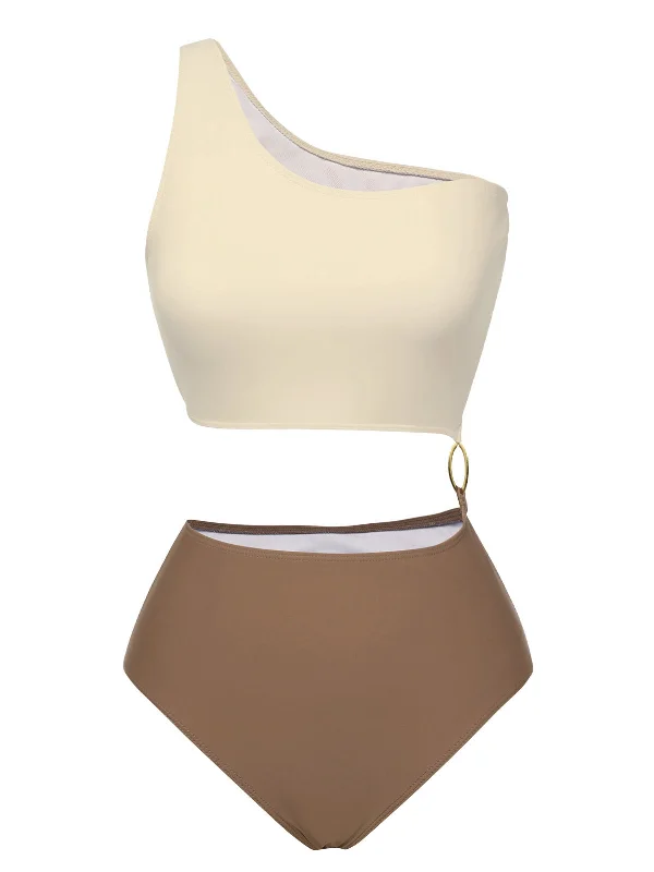 Brown 1930s Metal Button One-Shoulder Swimsuit High-Waisted Swimwear