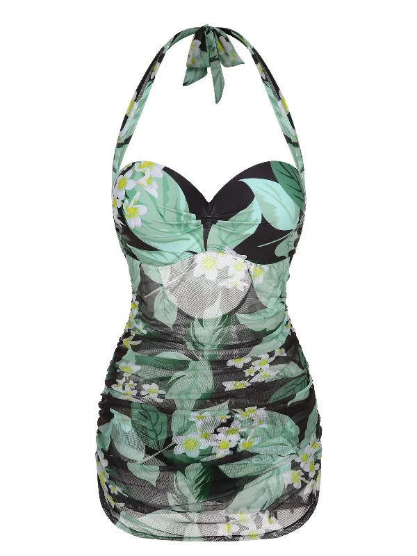 Green 1950s Plants Wrinkles Halter Swimsuit Strapless Swimsuit Top