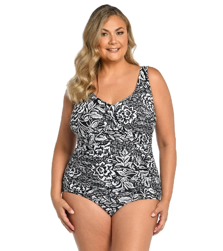 Maxine Women's Plus Size Tahitian Tribe Floral Twist Front One Piece Swimsuit Black Halter Neck Swimsuit Maxine Women's Plus Size Tahitian Tribe Floral Twist Front One Piece Swimsuit Black Halter Neck Swimsuit