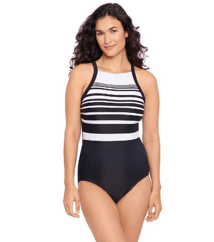 Reebok Women's Insta Stripe High Neck Chlorine Resistant One Piece Swimsuit Black/White Deep-V Swimsuit Design Reebok Women's Insta Stripe High Neck Chlorine Resistant One Piece Swimsuit Black/White Deep-V Swimsuit Design