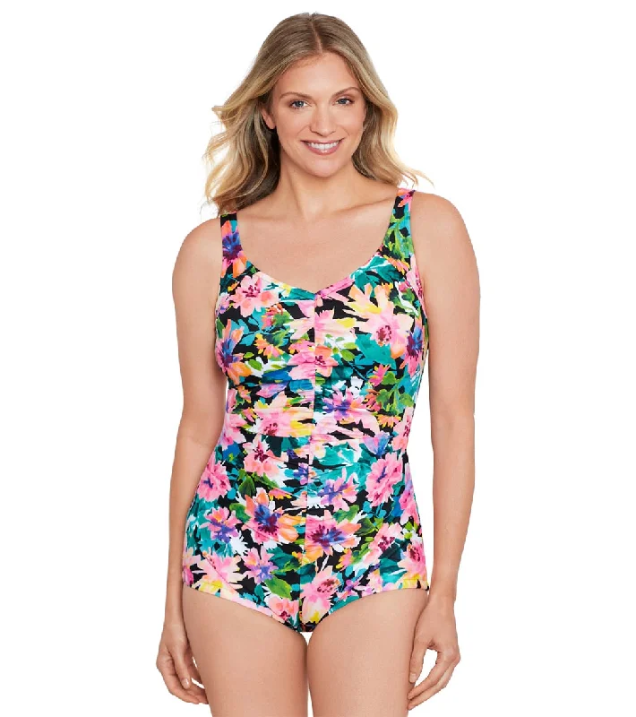 Shape Solver By Penbrooke Women's Glowing Pains Spa Chlorine Resistant Shirred Girl Leg One Piece Swimsuit Blk/Multi Retro Swimwear Style Shape Solver By Penbrooke Women's Glowing Pains Spa Chlorine Resistant Shirred Girl Leg One Piece Swimsuit Blk/Multi Retro Swimwear Style