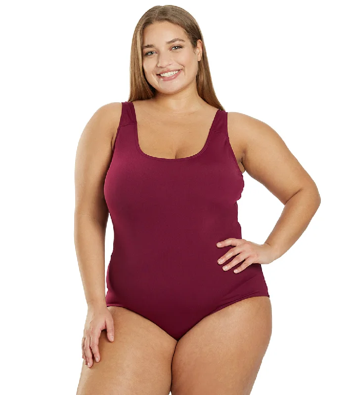 Sporti Plus Size HydroLast Chlorine Resistant Moderate Scoop Back One Piece Swimsuit Cabernet Elegant Ruffle Swimsuit Sporti Plus Size HydroLast Chlorine Resistant Moderate Scoop Back One Piece Swimsuit Cabernet Elegant Ruffle Swimsuit