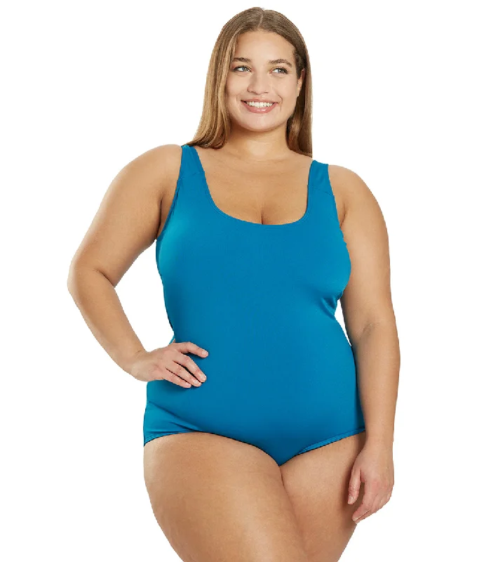 Sporti Plus Size HydroLast Chlorine Resistant Moderate Scoop Back One Piece Swimsuit Twilight Blue Button-Front Swimsuit Sporti Plus Size HydroLast Chlorine Resistant Moderate Scoop Back One Piece Swimsuit Twilight Blue Button-Front Swimsuit