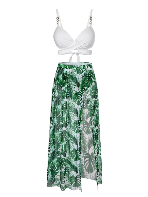 White & Green 1950s Tropical Swimsuit With Cover-Up Sporty Swimsuit Style