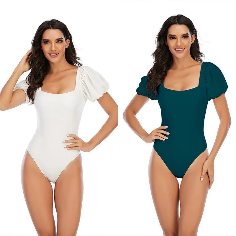 Square Neckline Short Sleeves Swimsuit Trendy Swimwear Set