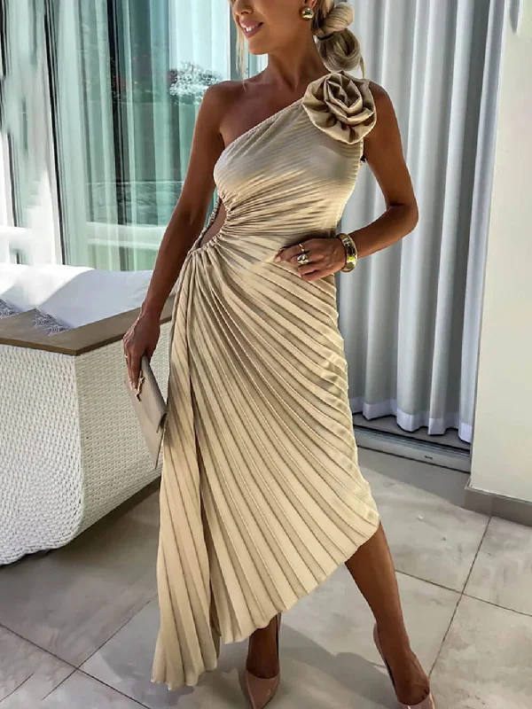 Romantic Night Guilloche Stretch Hollow Trendy One Shoulder Pleated Maxi Dress Stylish Maxi Dress with Frills Romantic Night Guilloche Stretch Hollow Trendy One Shoulder Pleated Maxi Dress Stylish Maxi Dress with Frills