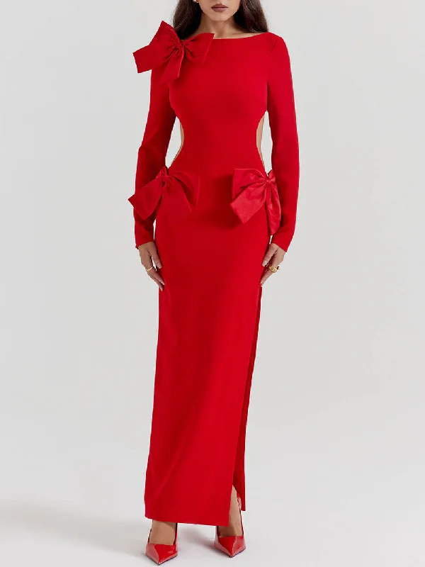 Red Bow Stylish Maxi Dress Elegant Maxi Dress with Ruffles