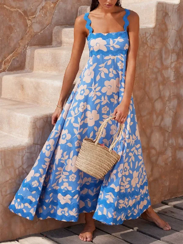 Printed Square Neck Charming Strap Maxi Dress Elegant Pleated Maxi Dress