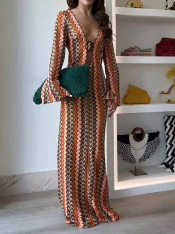 Orange Soda Stripe Print O-Ring Trendy Long Sleeve Beach Maxi Dress Stylish Pleated A-Line Maxi Dress Orange Soda Stripe Print O-Ring Trendy Long Sleeve Beach Maxi Dress Stylish Pleated A-Line Maxi Dress