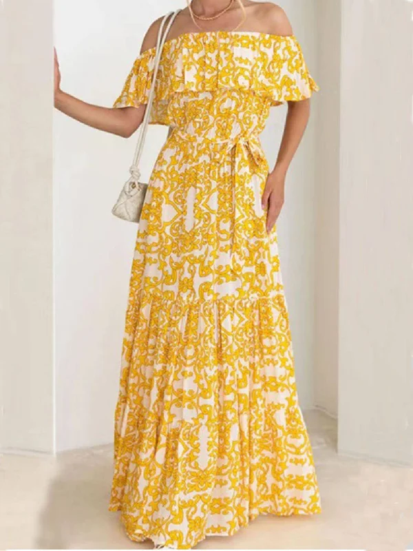 One-Shoulder Short-Sleeve Printed Charming Ruffle Maxi Dress Comfortable Maxi Dress with Sleeves One-Shoulder Short-Sleeve Printed Charming Ruffle Maxi Dress Comfortable Maxi Dress with Sleeves