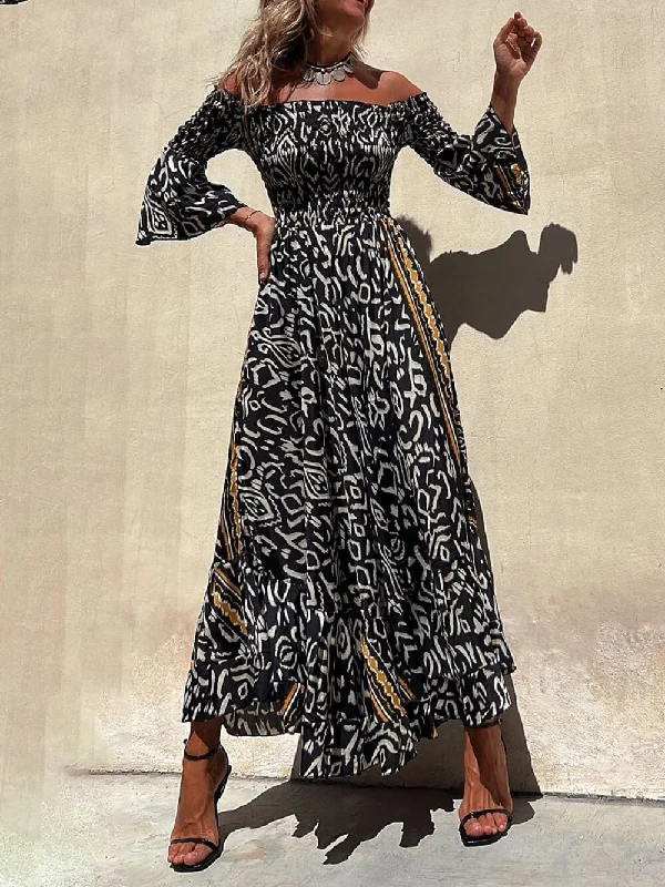 Off-The-Shoulder Smocked Stretch Charming Black Printed Maxi Dress Fashionable Halter Neck Maxi Dress Off-The-Shoulder Smocked Stretch Charming Black Printed Maxi Dress Fashionable Halter Neck Maxi Dress