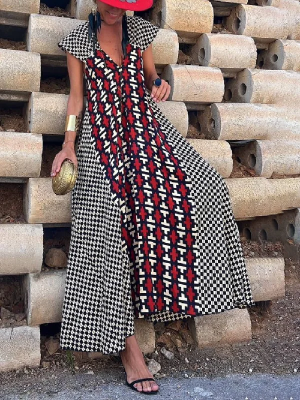 Ethnic Unique Print Ruffle Graceful Sleeve A-line Maxi Dress Trendy Maxi Dress with Lace Ethnic Unique Print Ruffle Graceful Sleeve A-line Maxi Dress Trendy Maxi Dress with Lace
